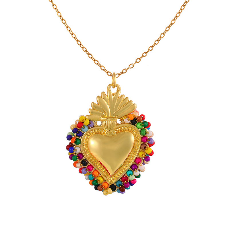 Color 10 Rice Bead Heart Titanium Steel Necklace