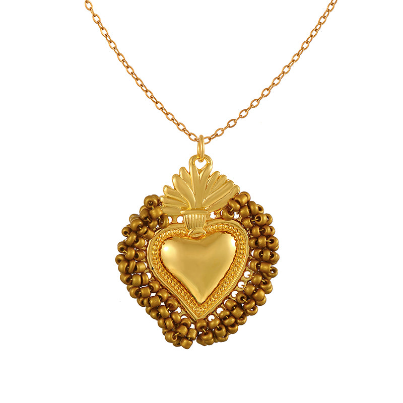 Color 10 Rice Bead Heart Titanium Steel Necklace