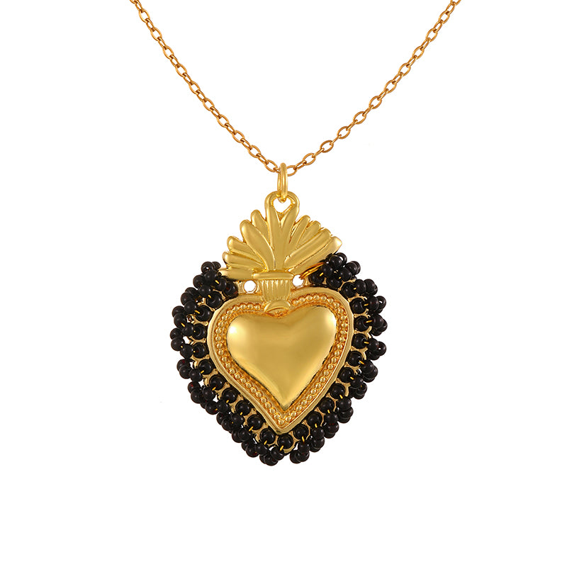 Color 10 Rice Bead Heart Titanium Steel Necklace