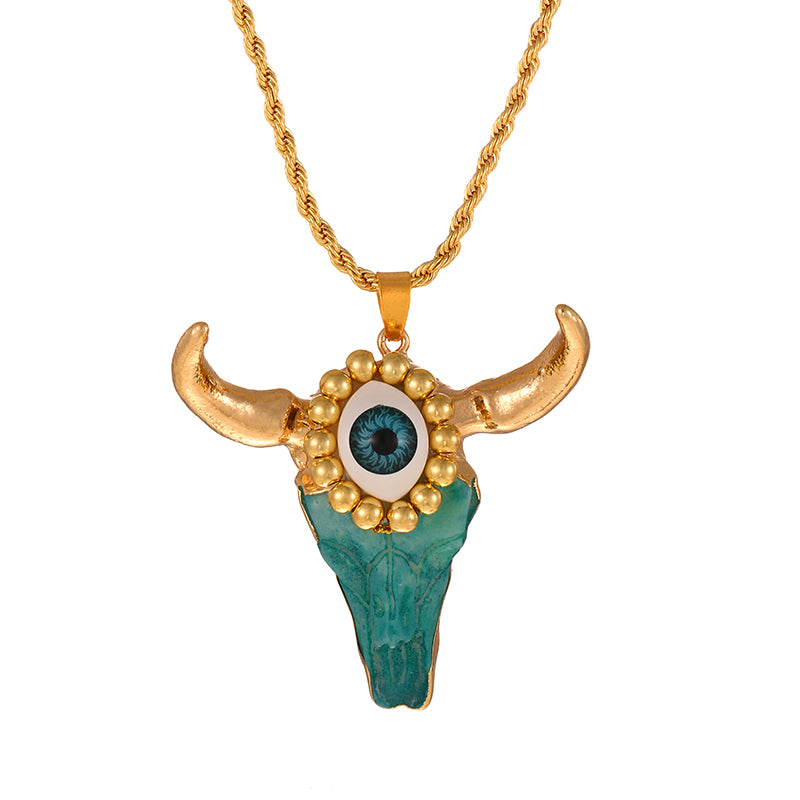 Lake Green Beaded Eye Bull Head Twist Necklace