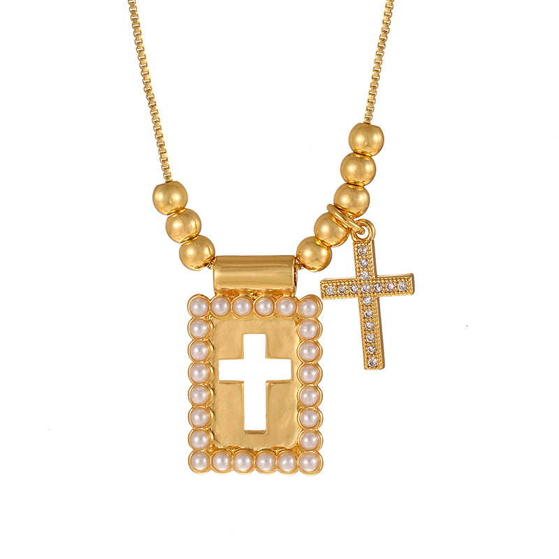 Gold 1 Copper Inlaid Zircon Cross Square Pearl Beaded Necklace