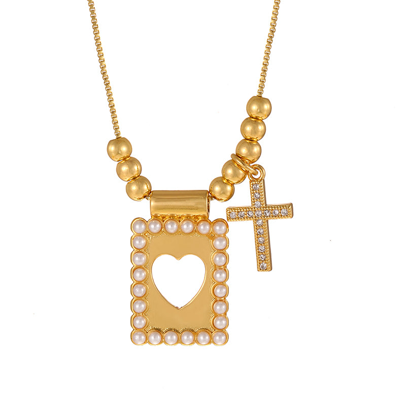 Gold 1 Copper Inlaid Zircon Cross Square Pearl Beaded Necklace