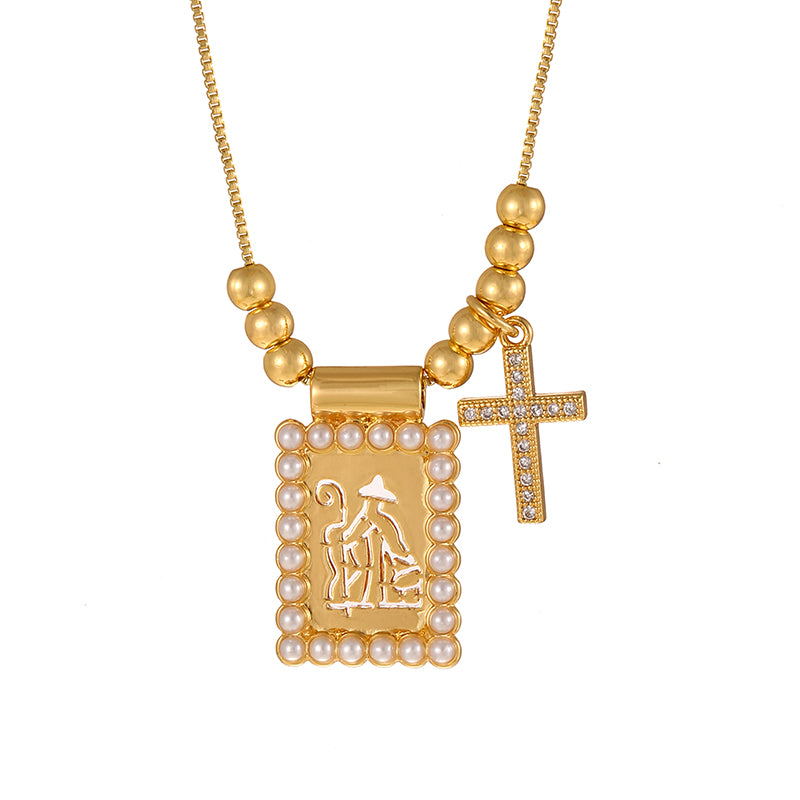 Gold 1 Copper Inlaid Zircon Cross Square Pearl Beaded Necklace