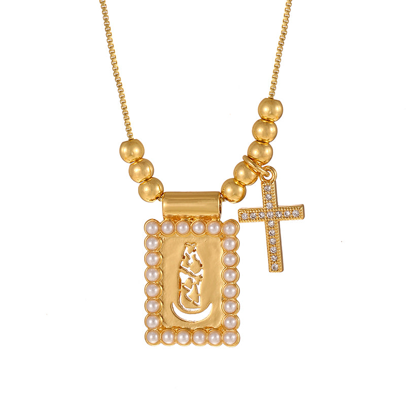 Gold 1 Copper Inlaid Zircon Cross Square Pearl Beaded Necklace