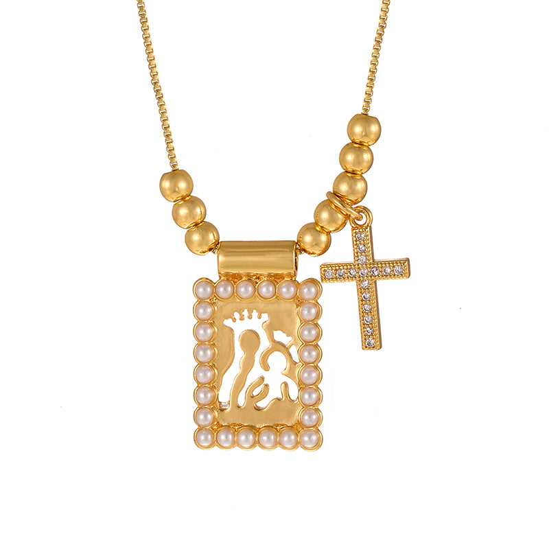 Gold 1 Copper Inlaid Zircon Cross Square Pearl Beaded Necklace