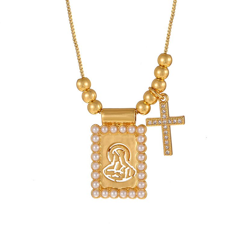 Gold 1 Copper Inlaid Zircon Cross Square Pearl Beaded Necklace