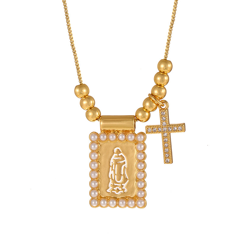Gold 1 Copper Inlaid Zircon Cross Square Pearl Beaded Necklace