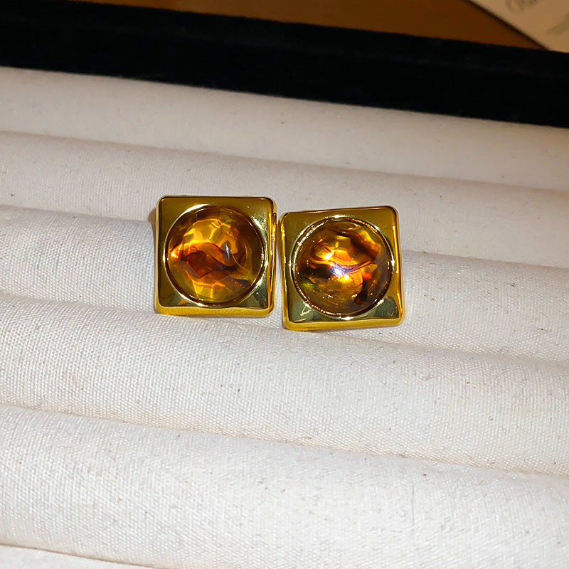 1# Gold-coffee-square Metal Square Earrings