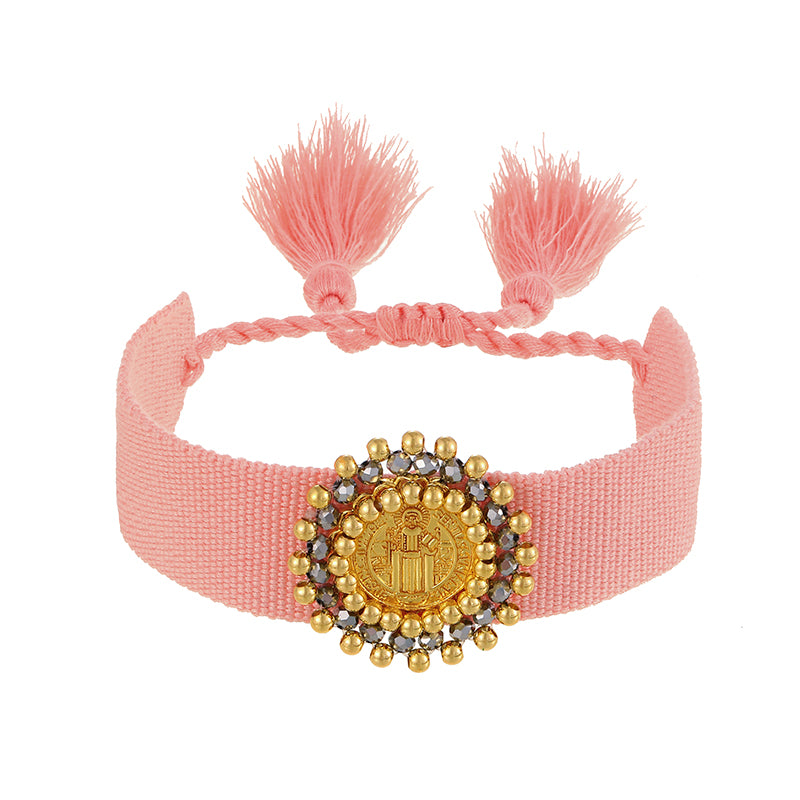 Light Gray Round Portrait Copper Bead Braided Tassel Bracelet