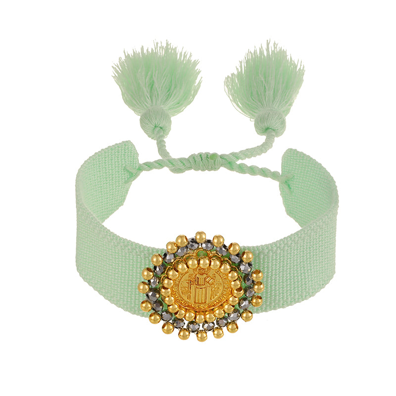 Light Gray Round Portrait Copper Bead Braided Tassel Bracelet