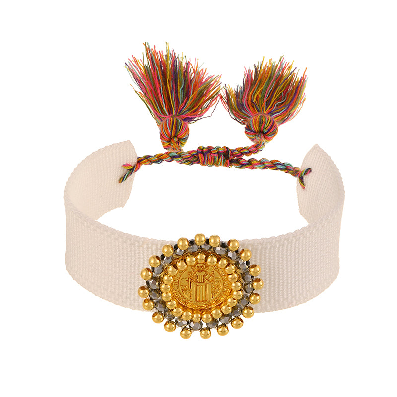 Light Gray Round Portrait Copper Bead Braided Tassel Bracelet