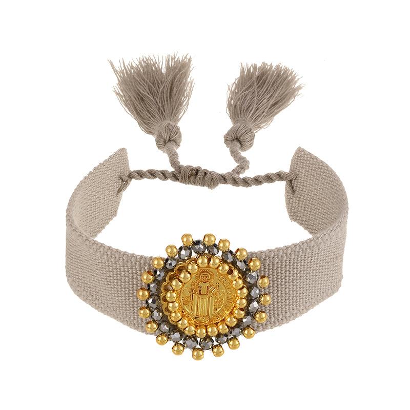 Light Gray Round Portrait Copper Bead Braided Tassel Bracelet