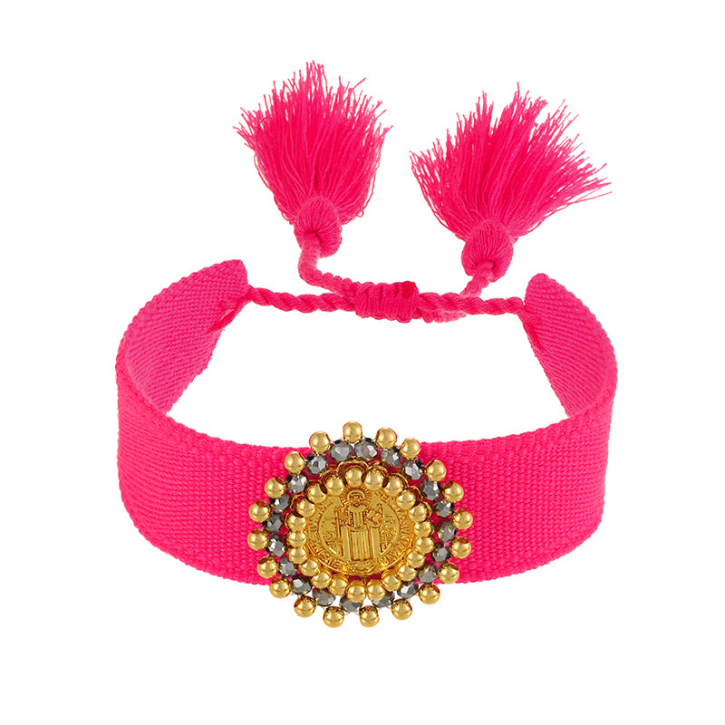 Light Gray Round Portrait Copper Bead Braided Tassel Bracelet