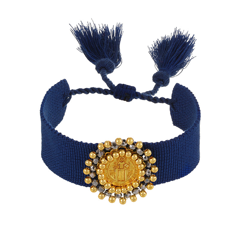 Light Gray Round Portrait Copper Bead Braided Tassel Bracelet