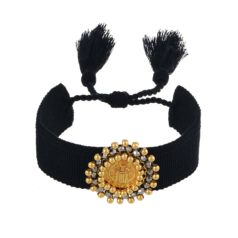 Light Gray Round Portrait Copper Bead Braided Tassel Bracelet