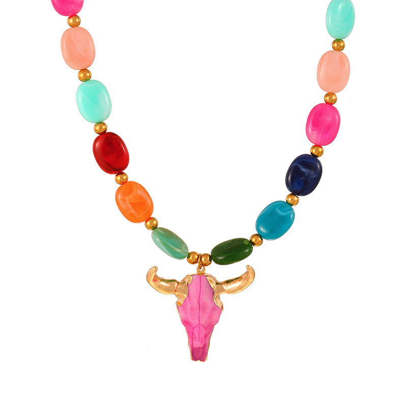 Rose Red Bull Head Glass Titanium Steel Beaded Necklace