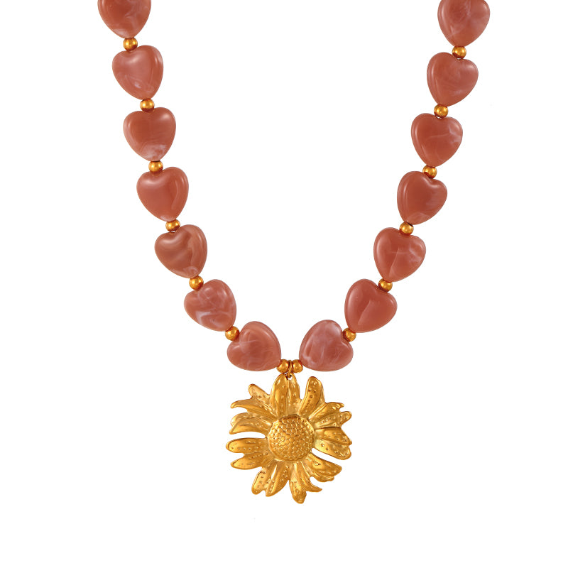 Leather Pink Heart Glass Flower Titanium Steel Beaded Necklace