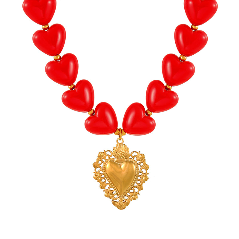 Red Titanium Steel Heart Resin Beaded Necklace