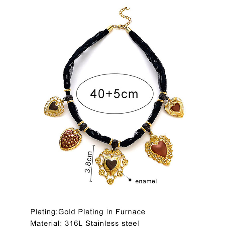 Gold Stainless Steel Heart Fabric Necklace