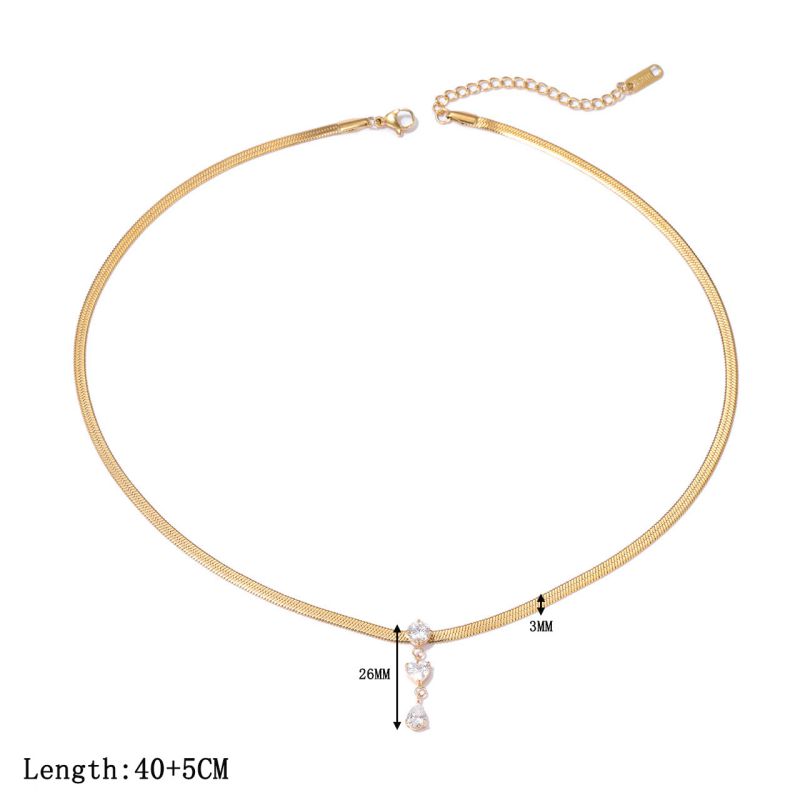 Gold Titanium Steel Diamond Heart Teardrop-shaped Snake Bone Chain Necklace