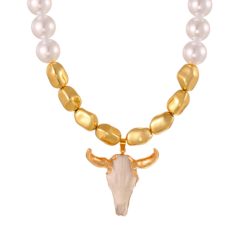 Milky Alloy Bull Head Imitation Pearl Necklace