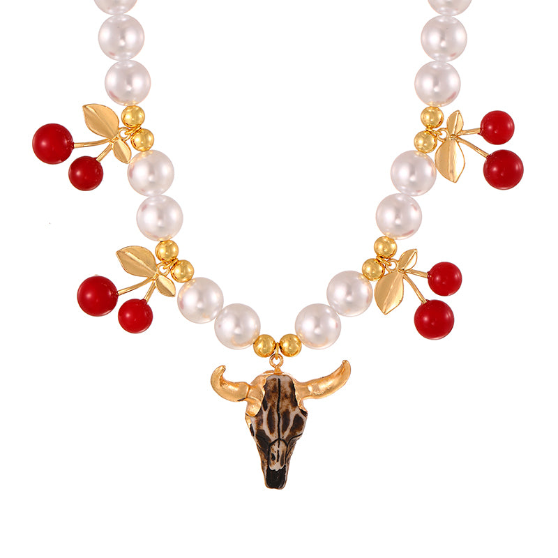 Gold Alloy Bull Head Imitation Pearl Cherry Necklace