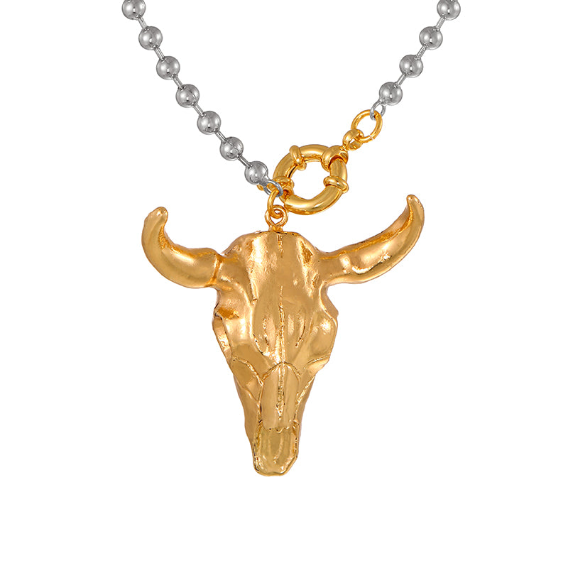 Gold 1 Bull Head Ring Buckle Bead Necklace