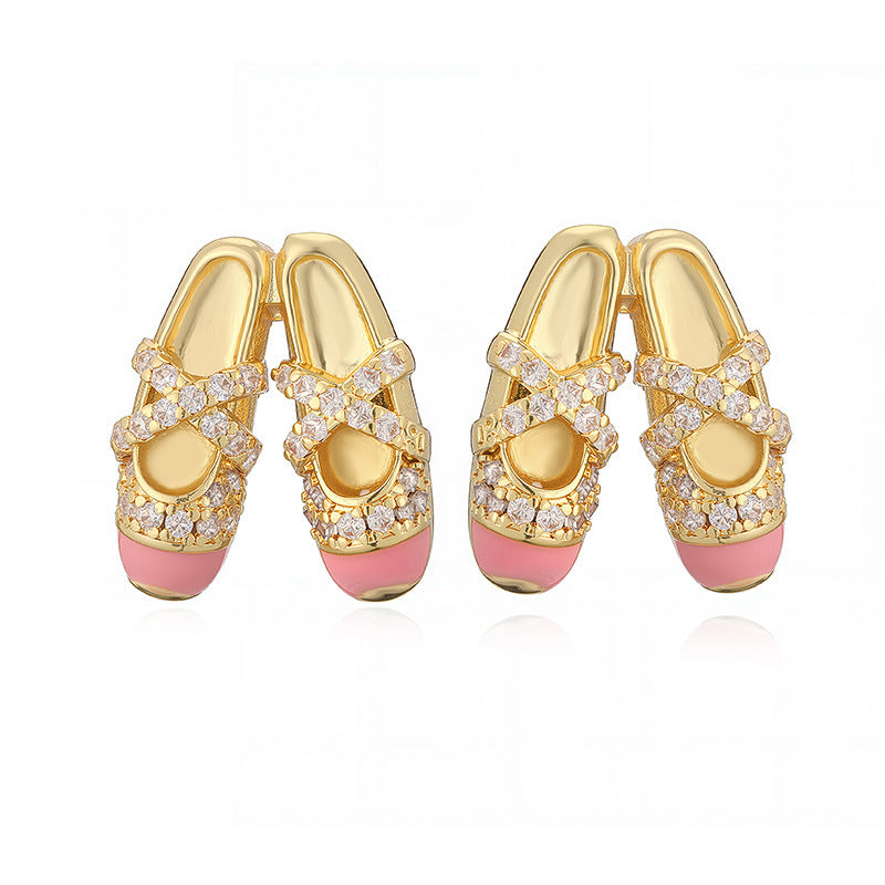 1 Pair Of Gold White Diamond And Pink Ballet Shoe Earrings Copper Diamond-studded Oil-drip Dance Shoe Earrings