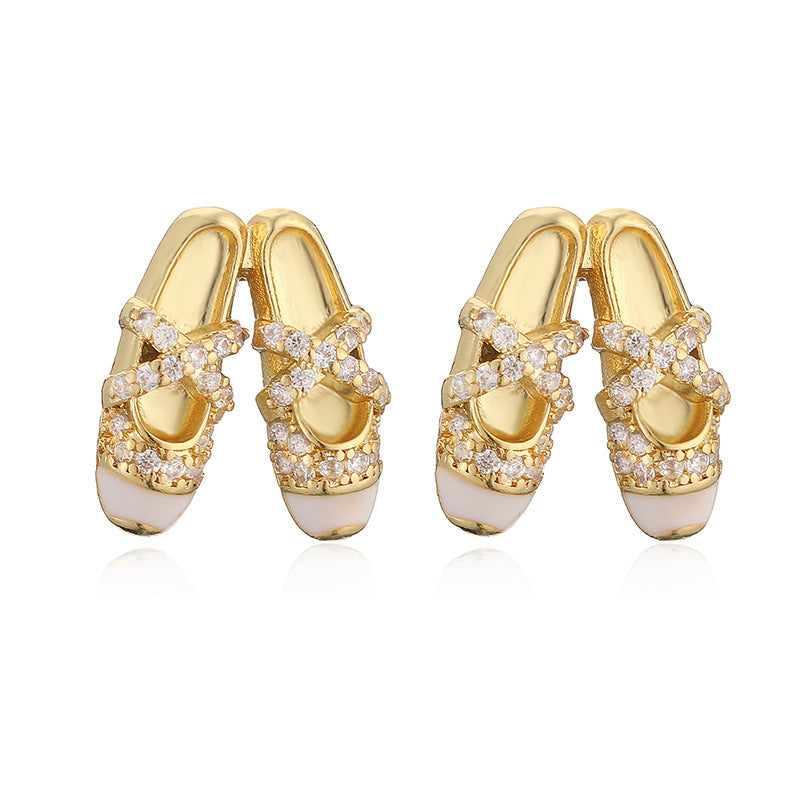 1 Pair Of Gold White Diamond And Pink Ballet Shoe Earrings Copper Diamond-studded Oil-drip Dance Shoe Earrings