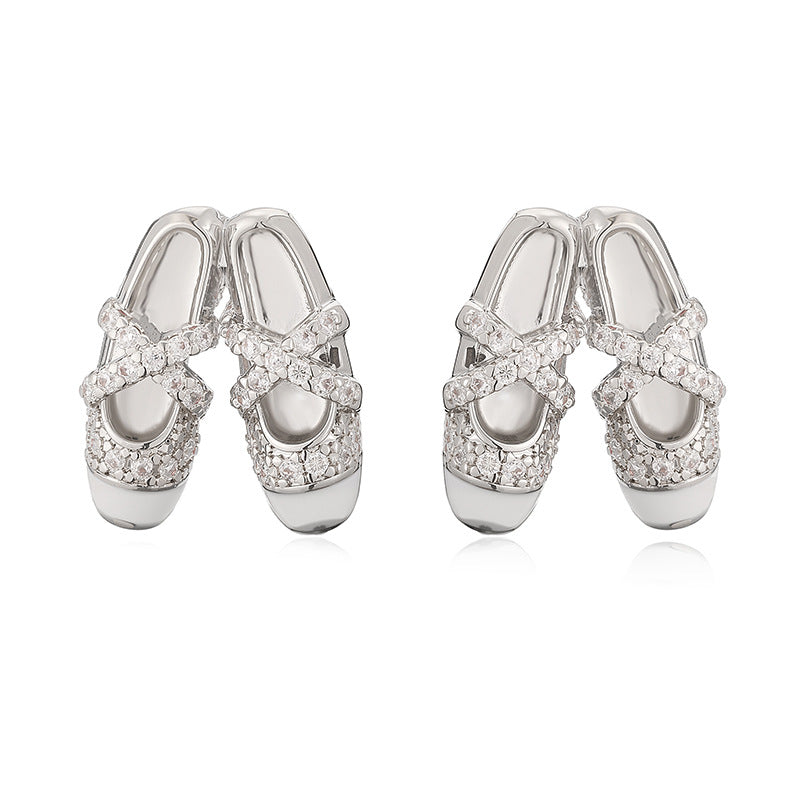 1 Pair Of Gold White Diamond And Pink Ballet Shoe Earrings Copper Diamond-studded Oil-drip Dance Shoe Earrings