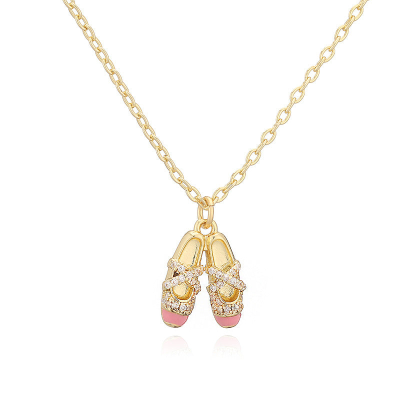1 Pair Of Gold White Diamond And Pink Ballet Shoe Earrings Copper Diamond-studded Oil-drip Dance Shoe Earrings