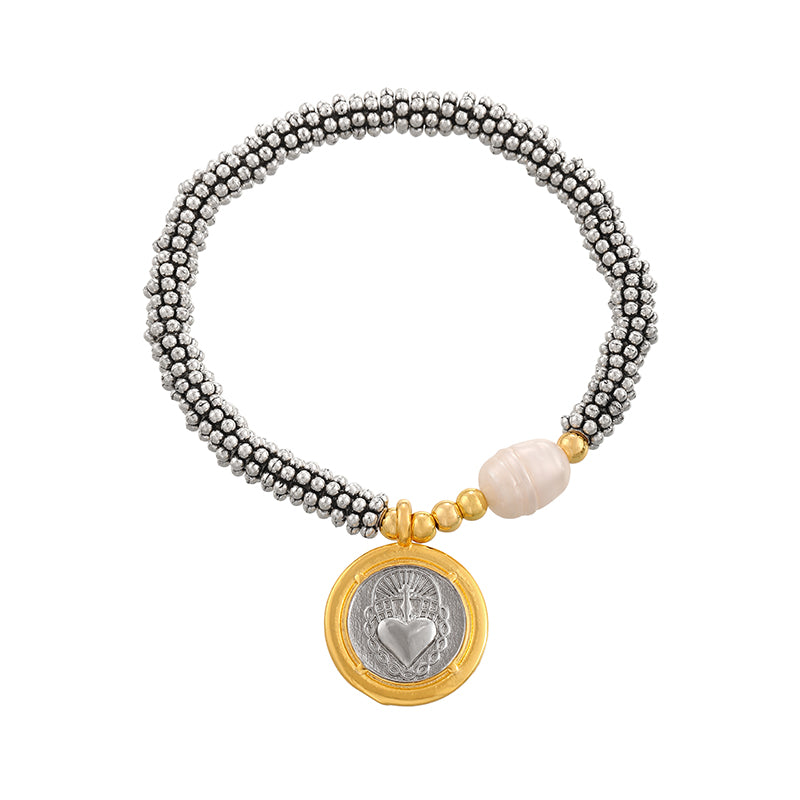 Gold And Silver 1 Round Heart Beaded Freshwater Pearl Bracelet