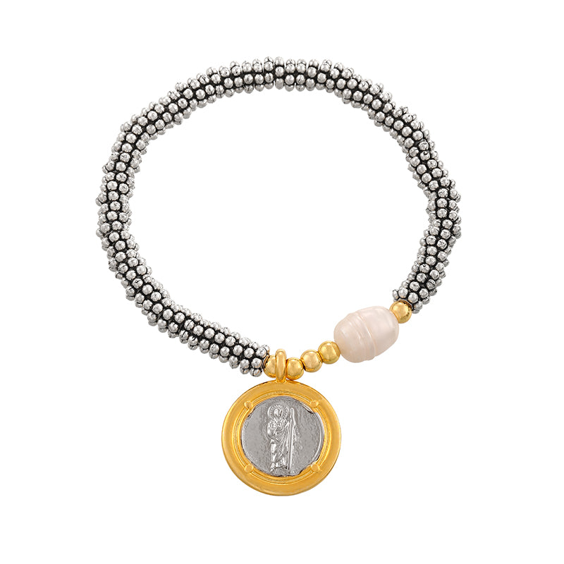 Gold And Silver 1 Round Heart Beaded Freshwater Pearl Bracelet