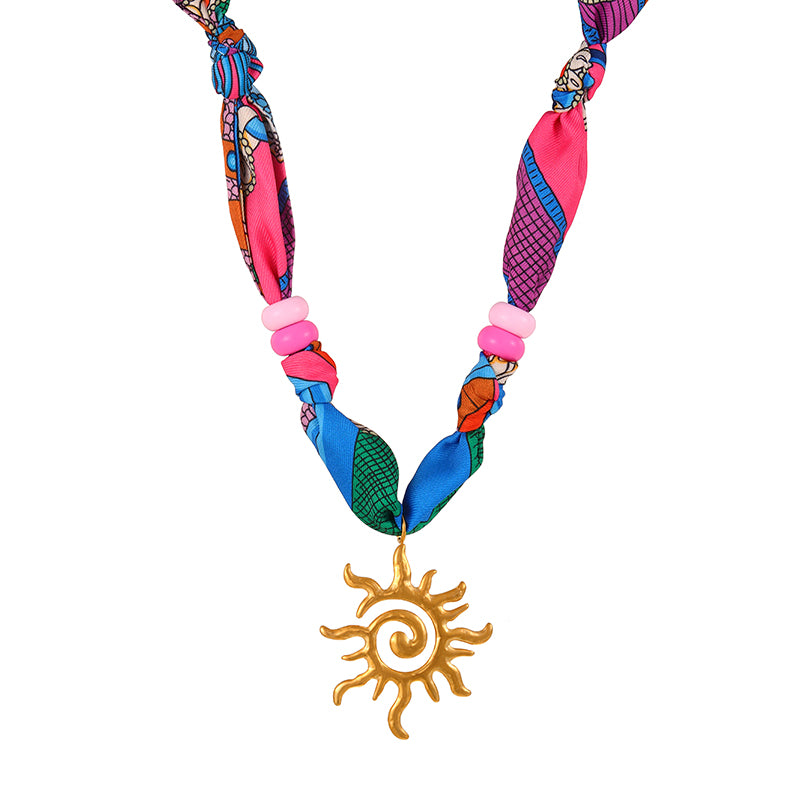 Color 1 Titanium Steel Sun Mask Print Fabric Necklace