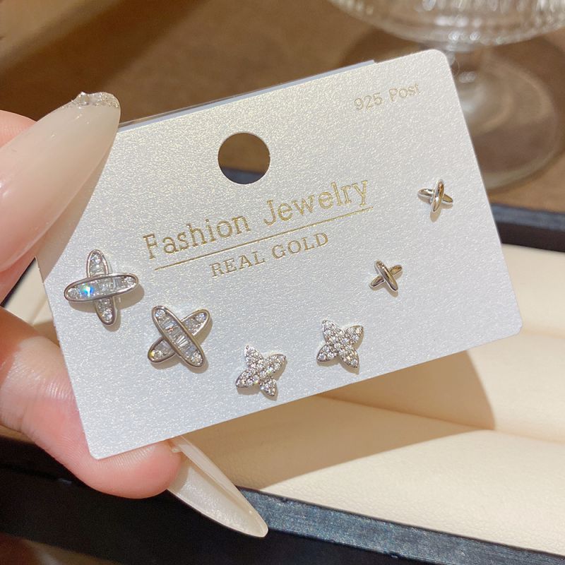 Set 4# Copper And Diamond-encrusted Cross Earring Set