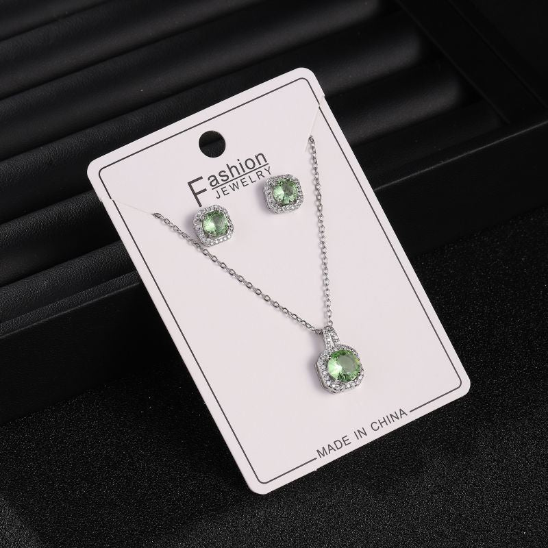 White Copper And Diamond Square Necklace And Earring Set