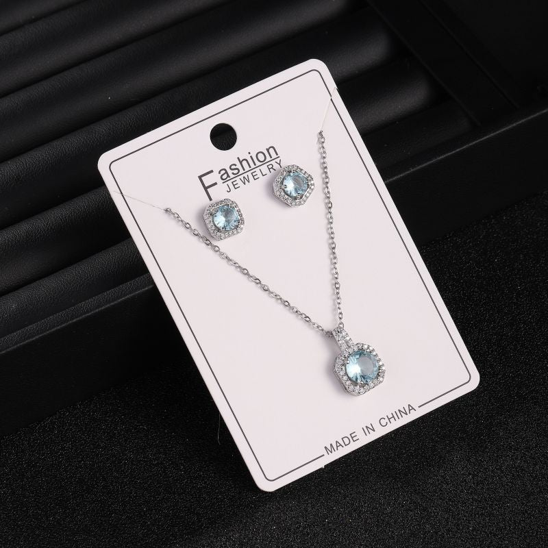 White Copper And Diamond Square Necklace And Earring Set