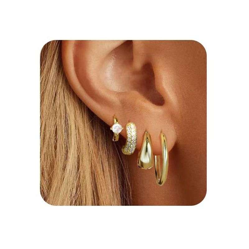 Gold (four) Copper And Diamond-encrusted Round Earring Set