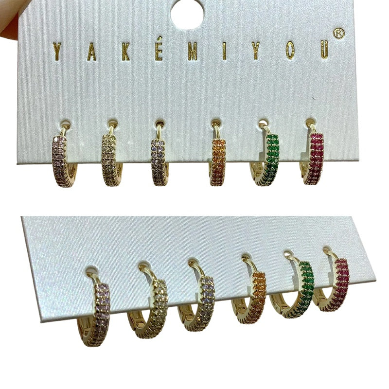 Gold 6-piece Set Of Bronze Round Hoop Earrings Inlaid With Zircon