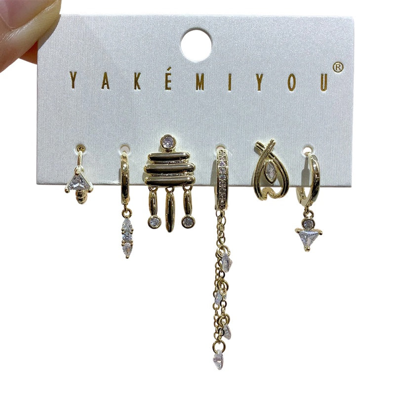 Gold 6-piece Set Of Copper-set Zircon Geometric Chain Earrings