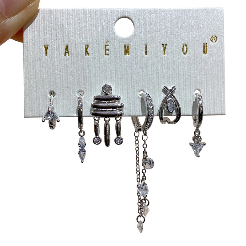 Gold 6-piece Set Of Copper-set Zircon Geometric Chain Earrings