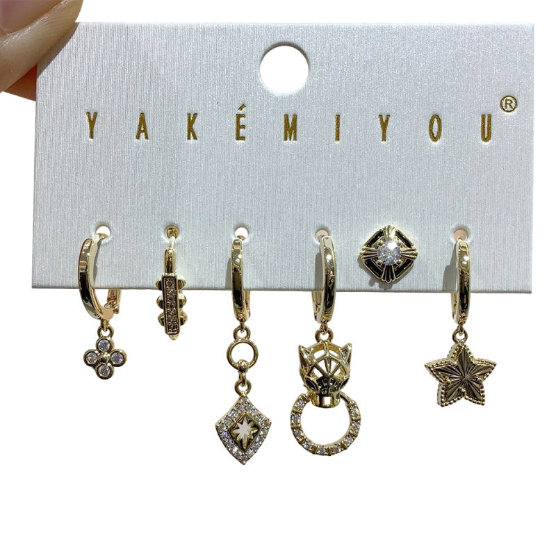 Gold 6-piece Set Of Geometric Earrings Inlaid With Zircon