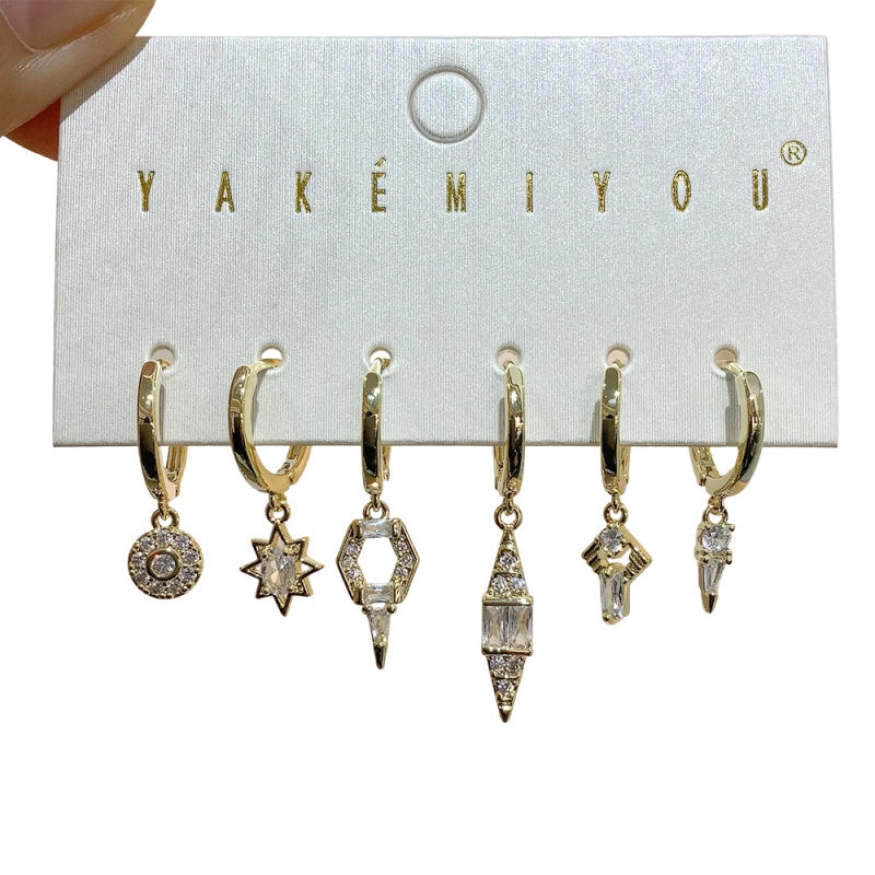 Gold 6-piece Set Of Geometric Earrings Inlaid With Zircon