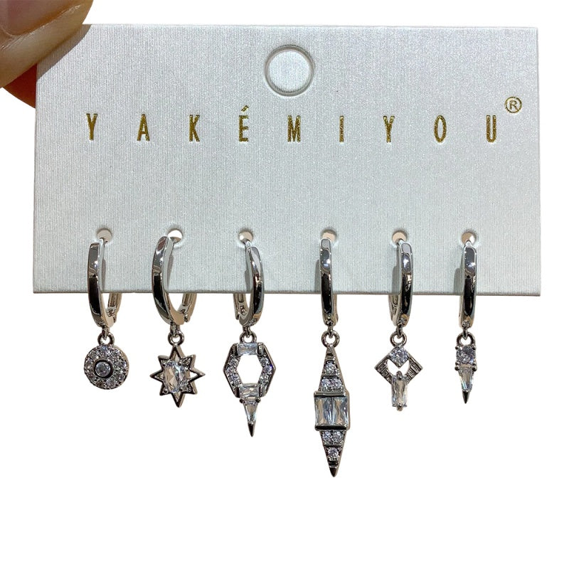 Gold 6-piece Set Of Geometric Earrings Inlaid With Zircon