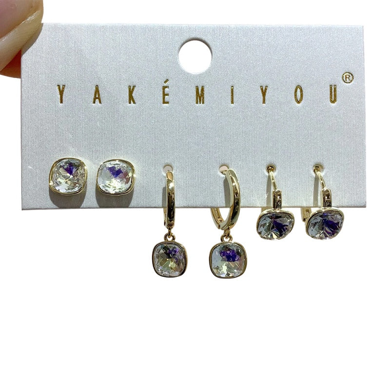 Silver 6-piece Set Of Square Copper Earrings Inlaid With Zircon