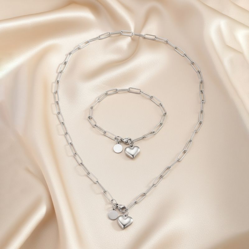Gold Stainless Steel Heart Necklace And Bracelet Set