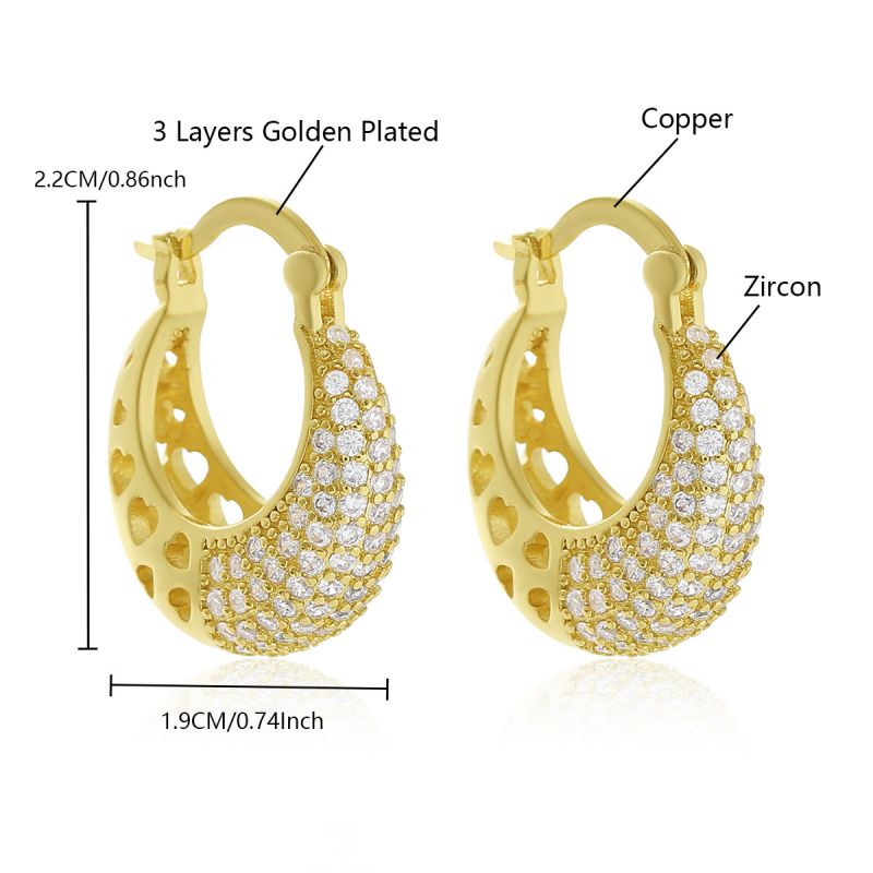 2.2*1.9cm Hollowed-out Heart Earrings Brass Round Earrings With Diamonds
