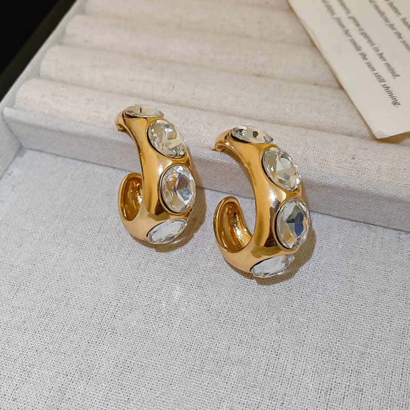 Gold (real Gold Plating) Copper C-shaped Earrings With Diamonds