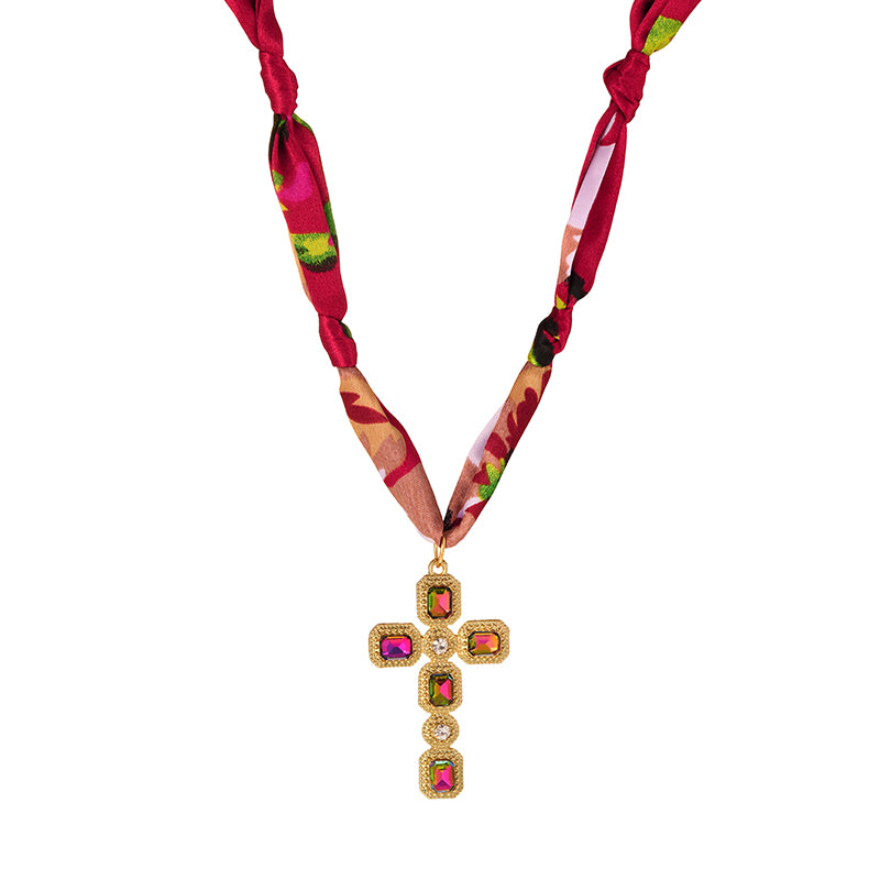 Color 1 Copper-set Zircon Cross-printed Fabric Necklace