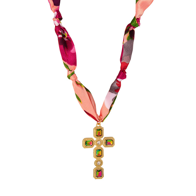 Color 1 Copper-set Zircon Cross-printed Fabric Necklace